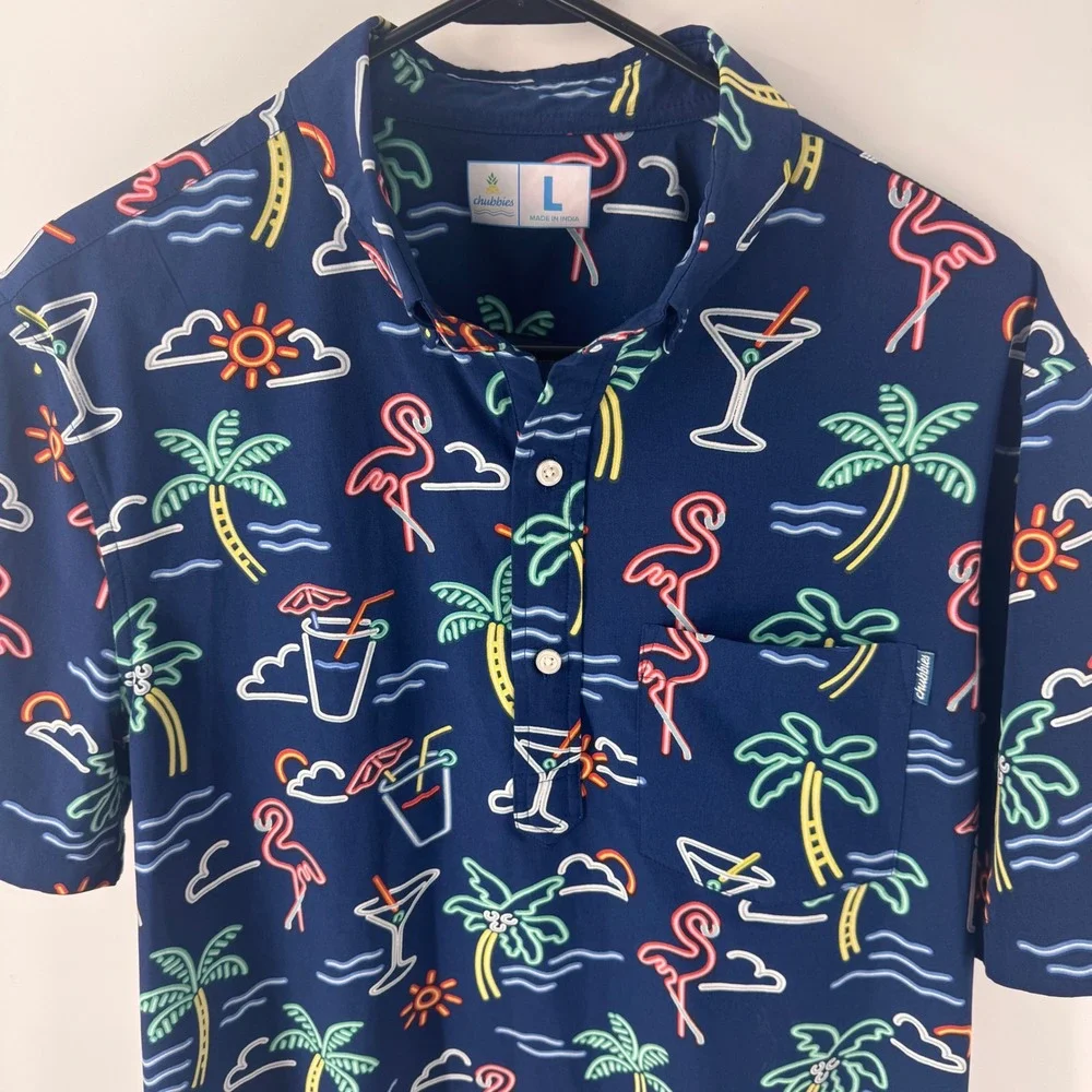 Chubbies Mens Large Neon Flamingo Palm Tree Tropical Navy Short Sleeve Shirt‎ L